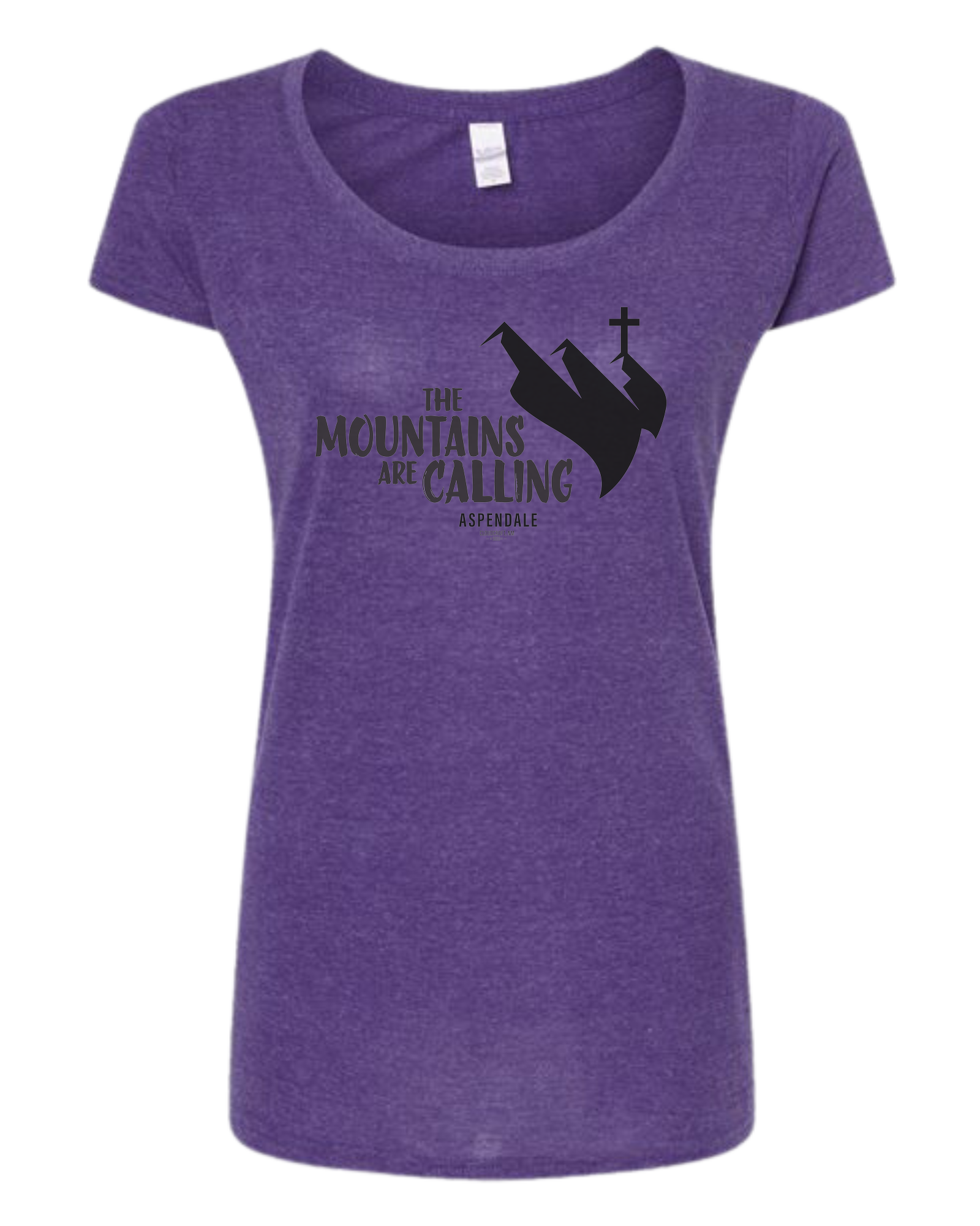 Aspendale "Mountains are Calling"  graphic (black) Women's fit scoop neck tee Heather Purple