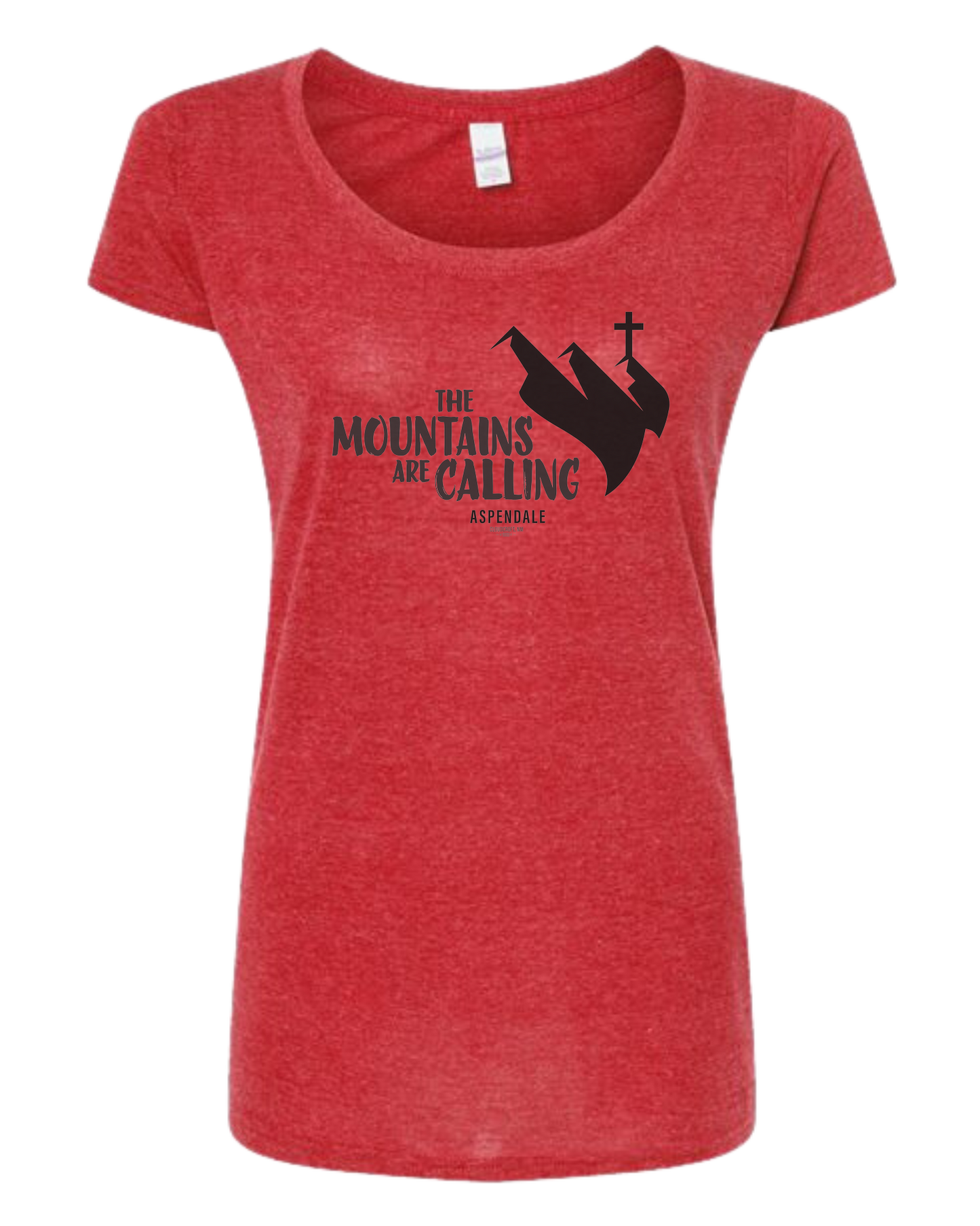 Aspendale "Mountains are Calling"  graphic (black) Women's fit scoop neck tee Heather Red
