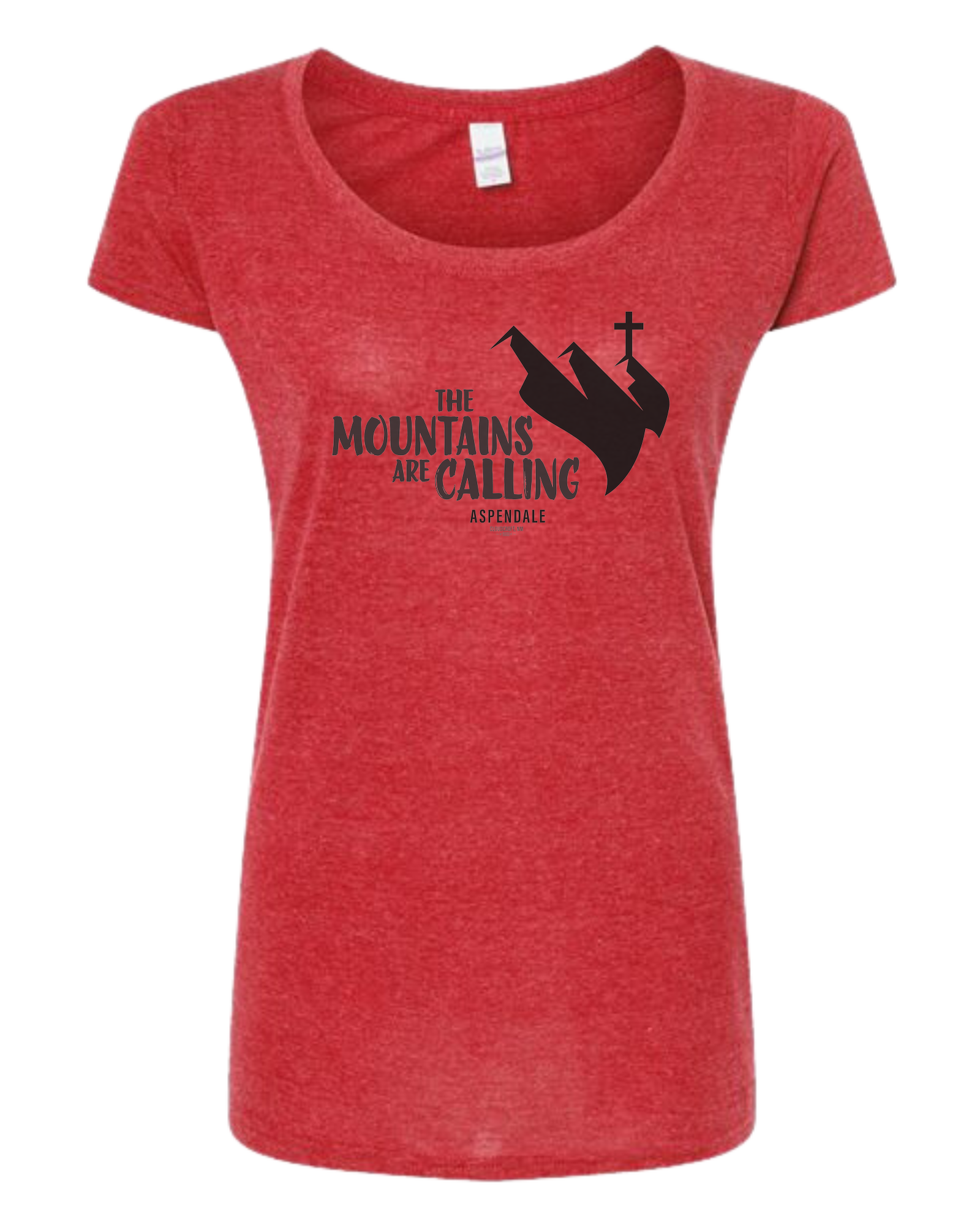 Aspendale "Mountains are Calling"  graphic (black) Women's fit scoop neck tee Heather Red