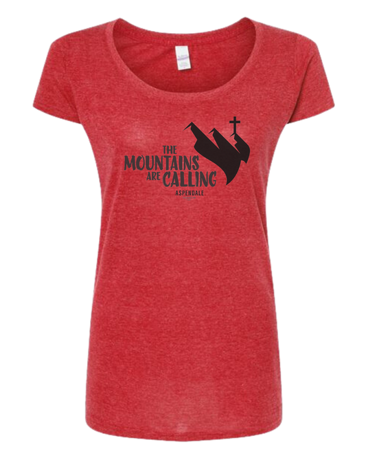 Aspendale "Mountains are Calling"  graphic (black) Women's fit scoop neck tee Heather Red