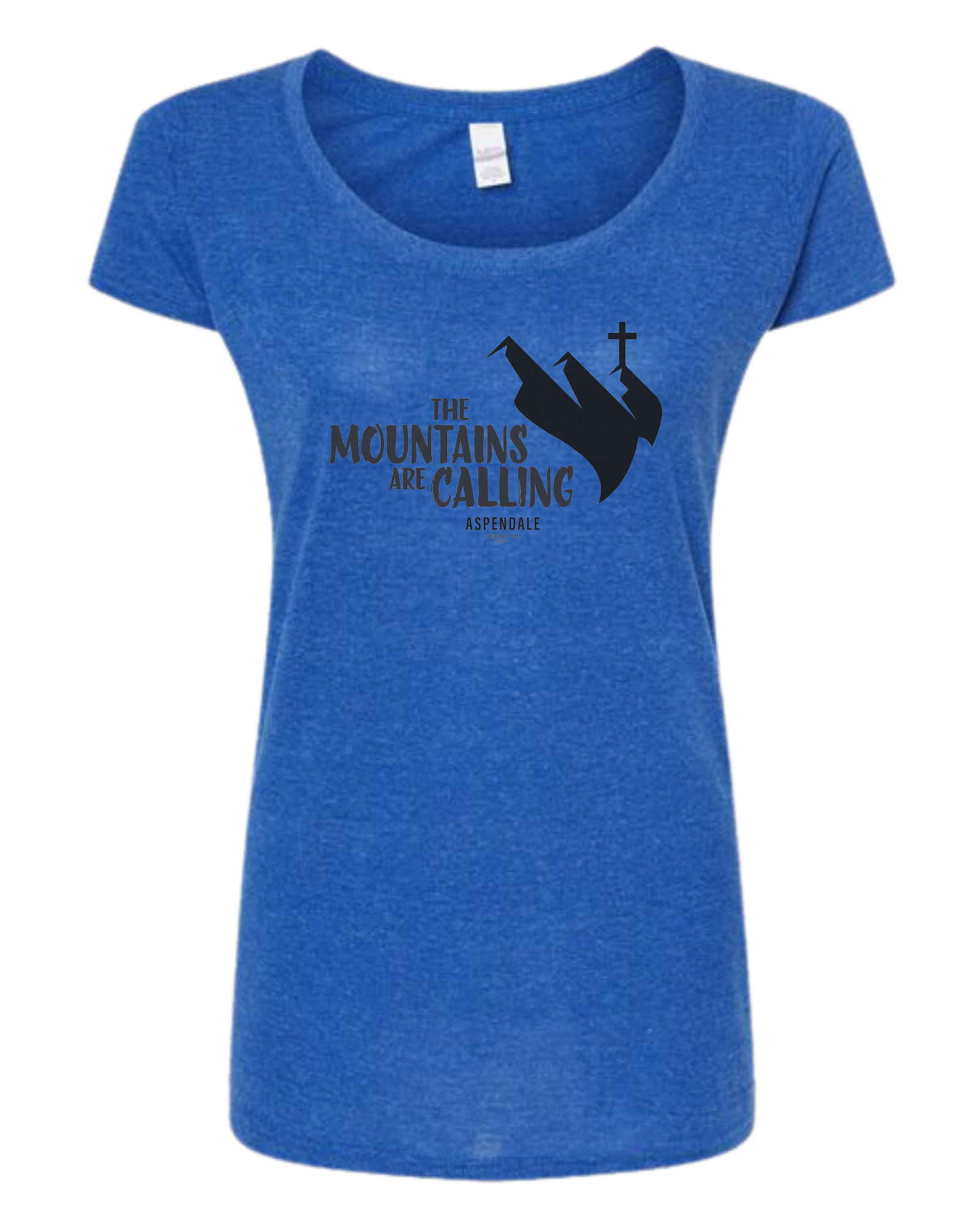 Aspendale "Mountains are Calling"  graphic (black) Women's fit scoop neck tee Royal Blue