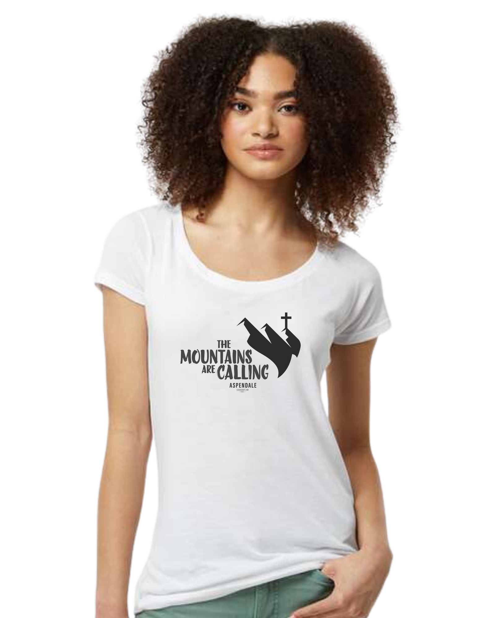 Aspendale "Mountains are Calling"  graphic (black) Women's fit scoop neck tee White