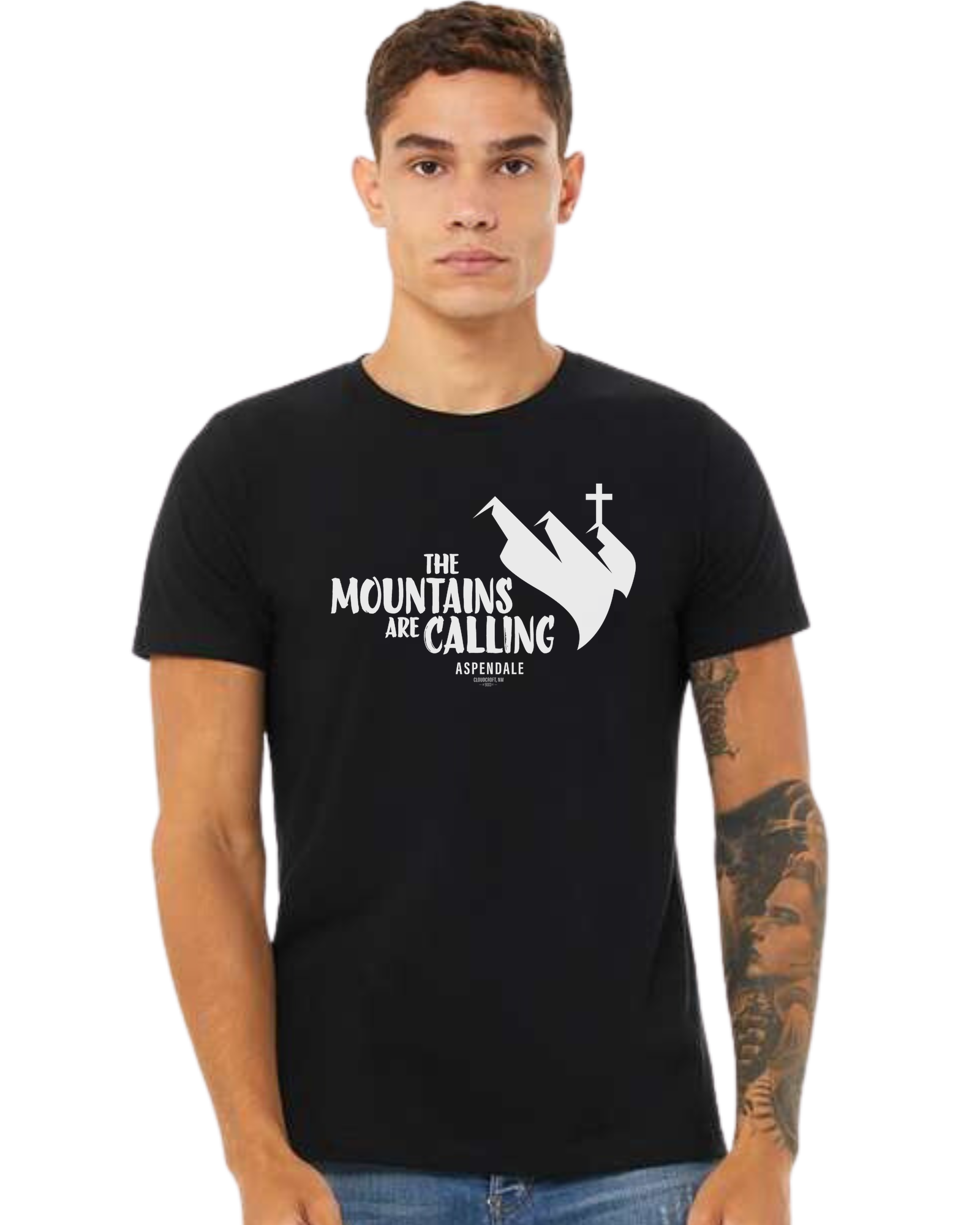 Aspendale "Mountains are Calling" graphic (white) Premium unisex crewneck tee Black