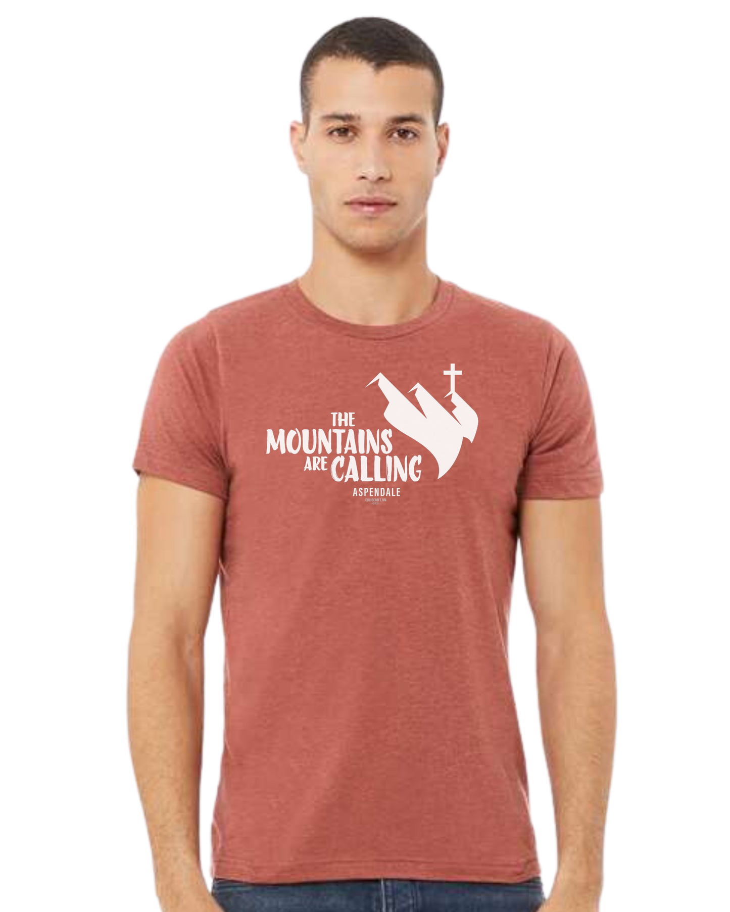 Aspendale "Mountains are Calling" graphic (white) Premium unisex crewneck tee Heather Clay