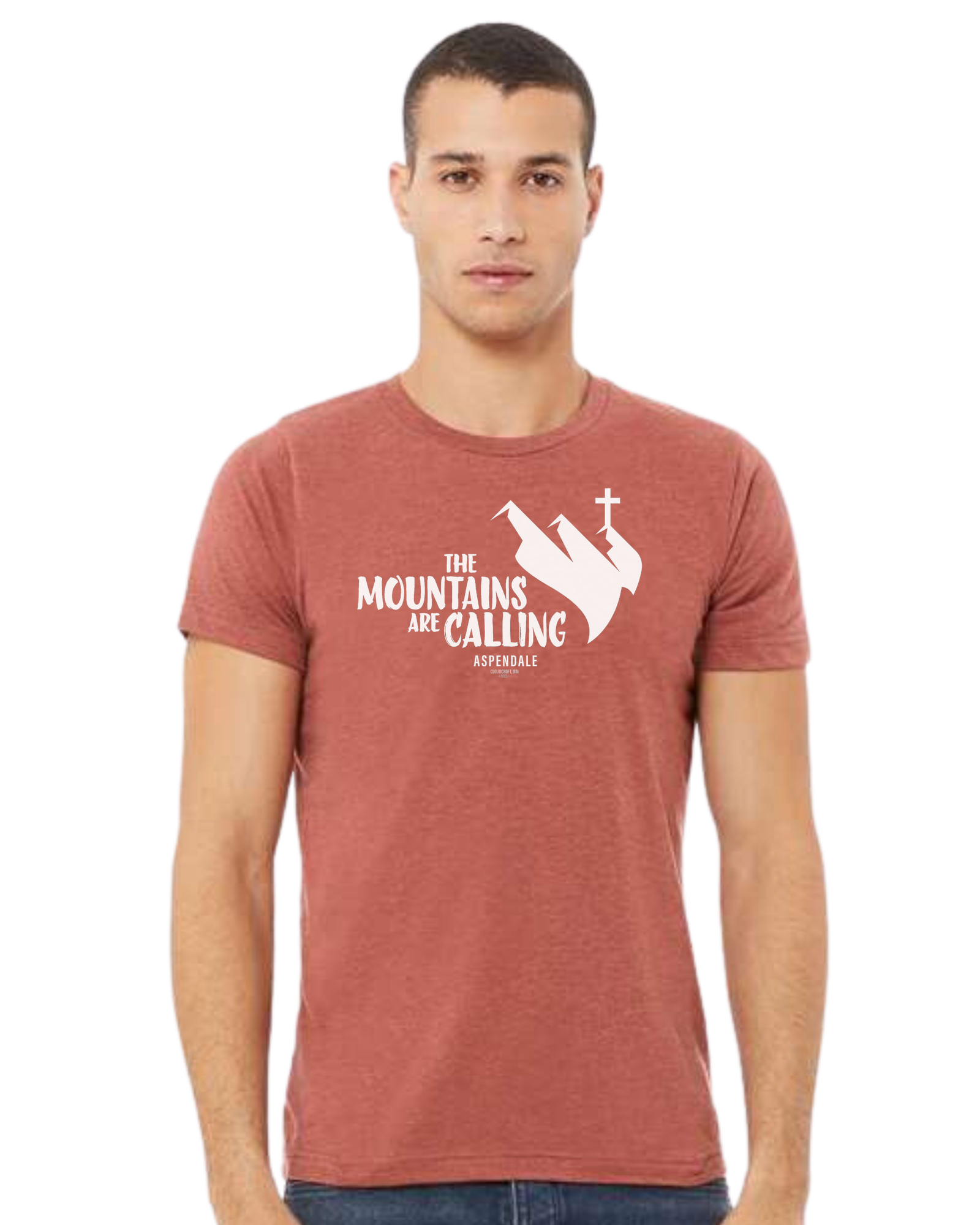 Aspendale "Mountains are Calling" graphic (white) Premium unisex crewneck tee Heather Clay