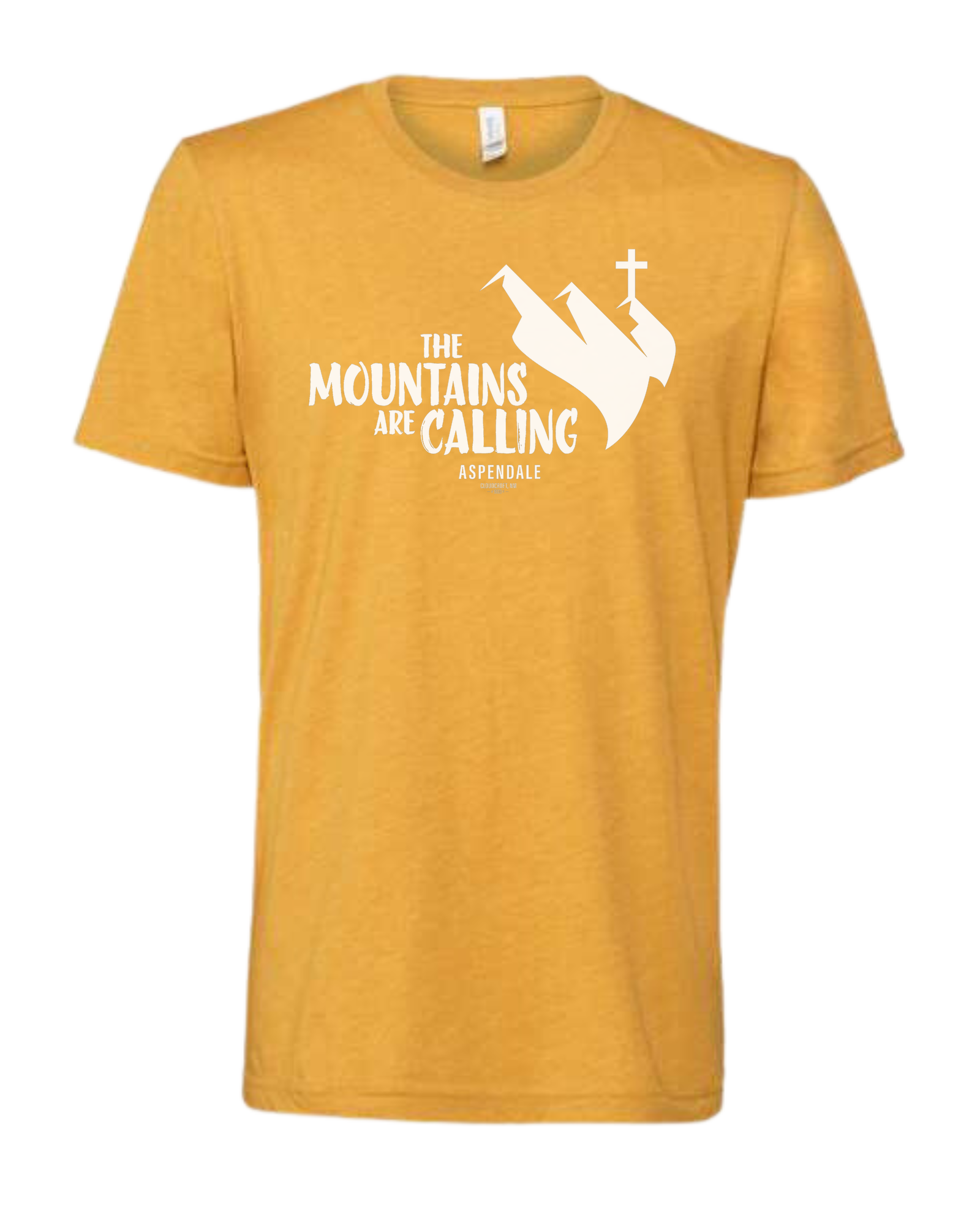 Aspendale "Mountains are Calling" graphic (white) Premium unisex crewneck tee Heather Mustard
