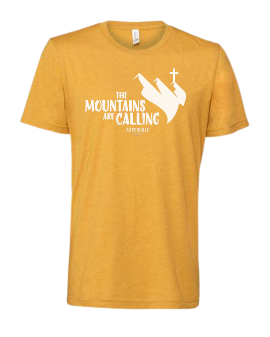 Aspendale "Mountains are Calling" graphic (white) Premium unisex crewneck tee Heather Mustard