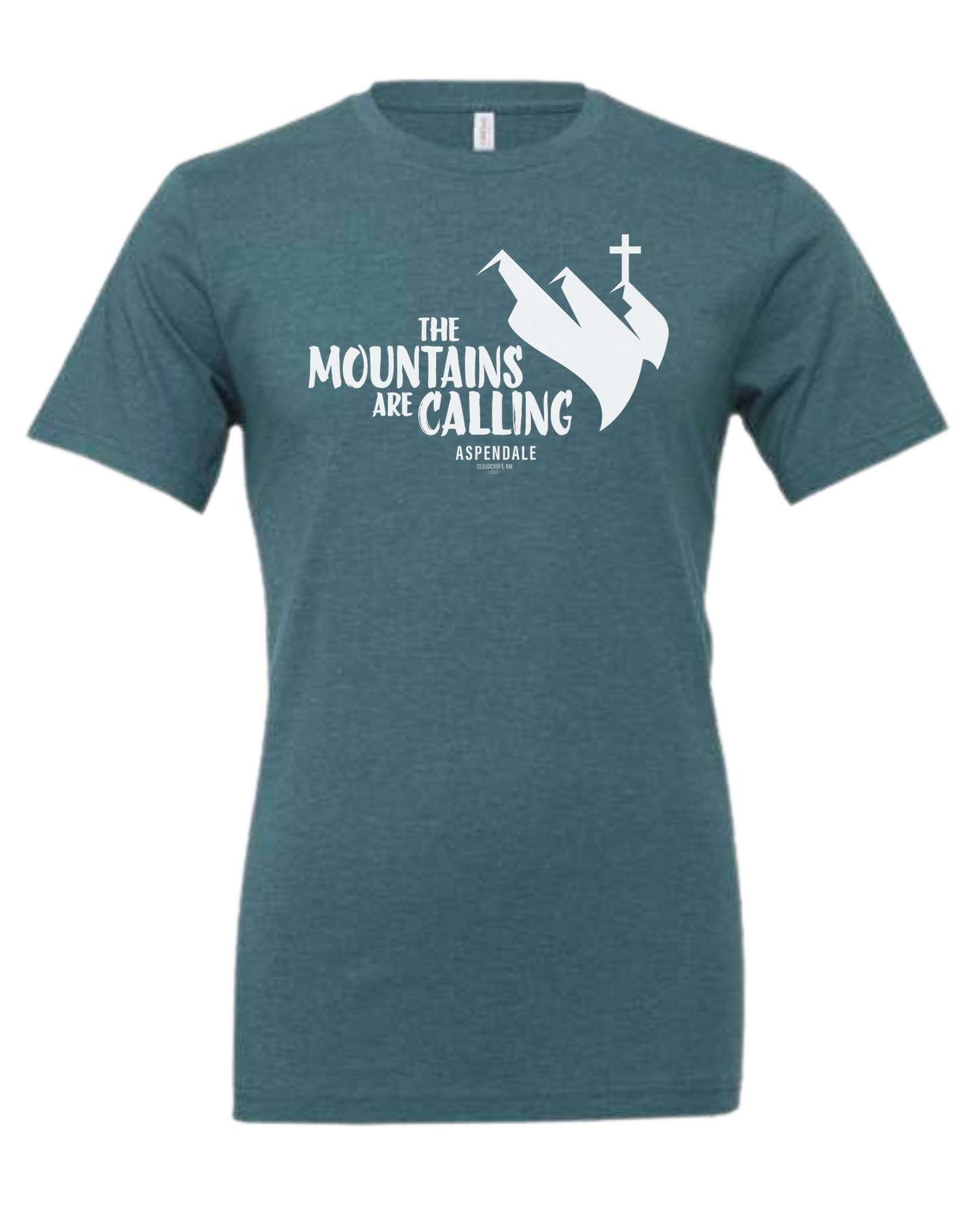Aspendale "Mountains are Calling" graphic (white) Premium unisex crewneck tee Heather Teal