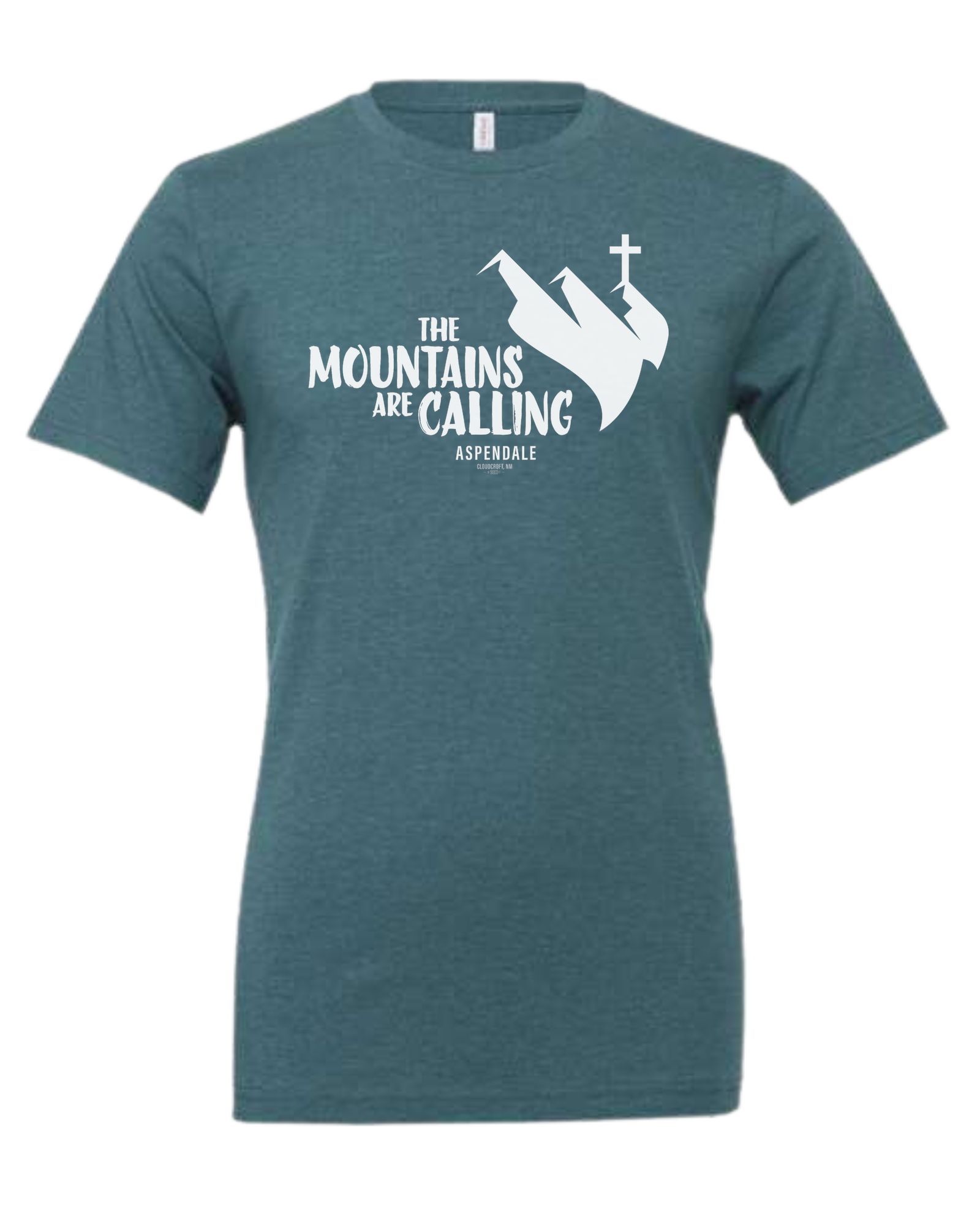 Aspendale "Mountains are Calling" graphic (white) Premium unisex crewneck tee Heather Teal