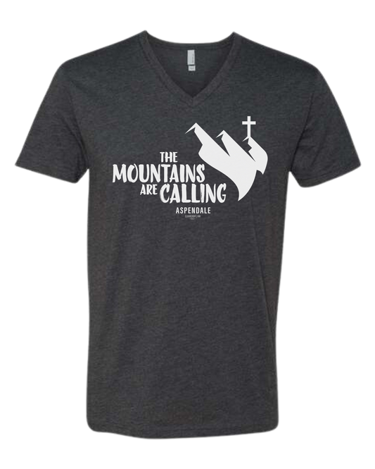 Aspendale "Mountains are Calling" graphic (white) Premium unisex v-neck tee Charcoal