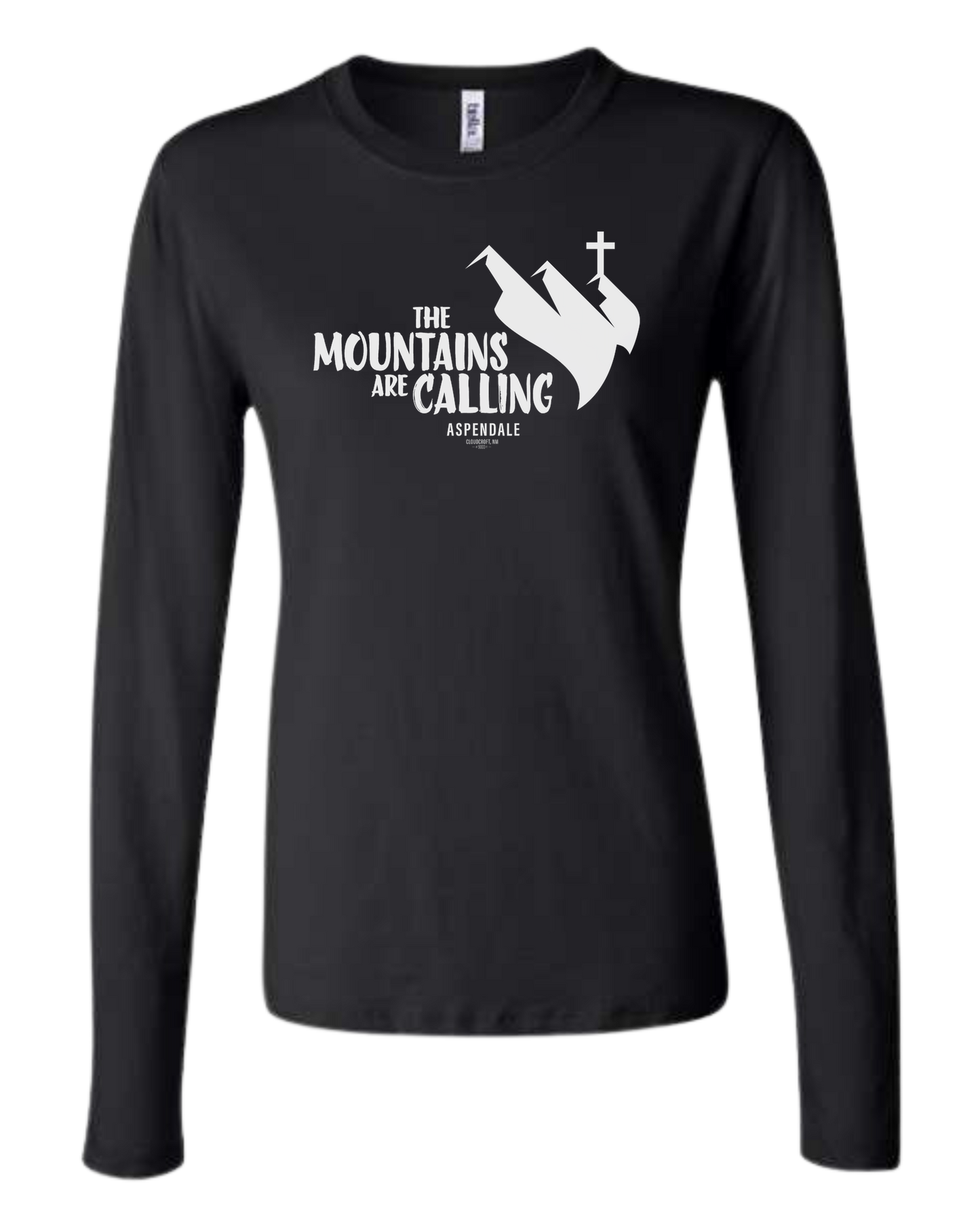 Aspendale "Mountains are Calling" graphic (white) Women's fit crewneck long sleeve fit Black