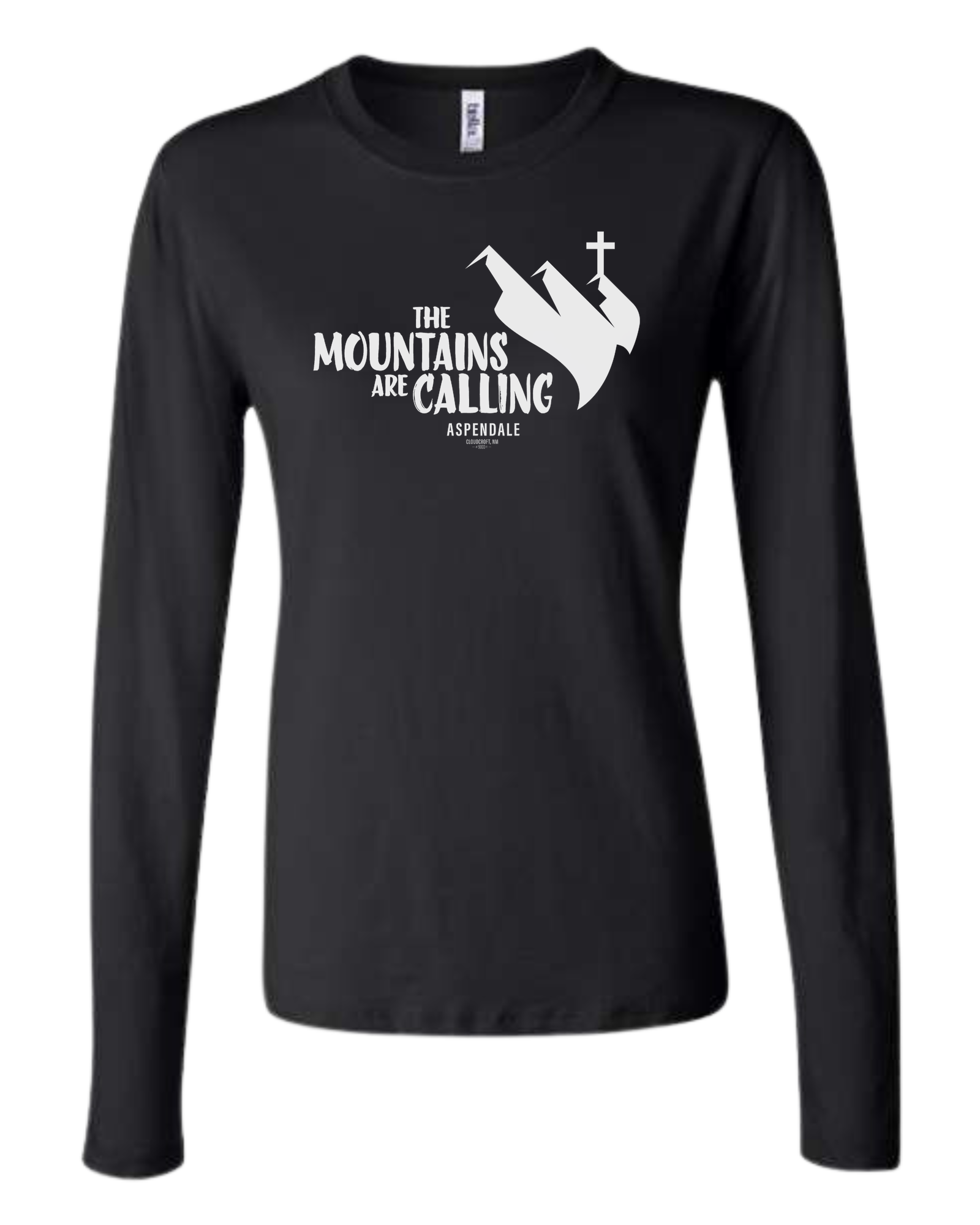 Aspendale "Mountains are Calling" graphic (white) Women's fit crewneck long sleeve fit Black