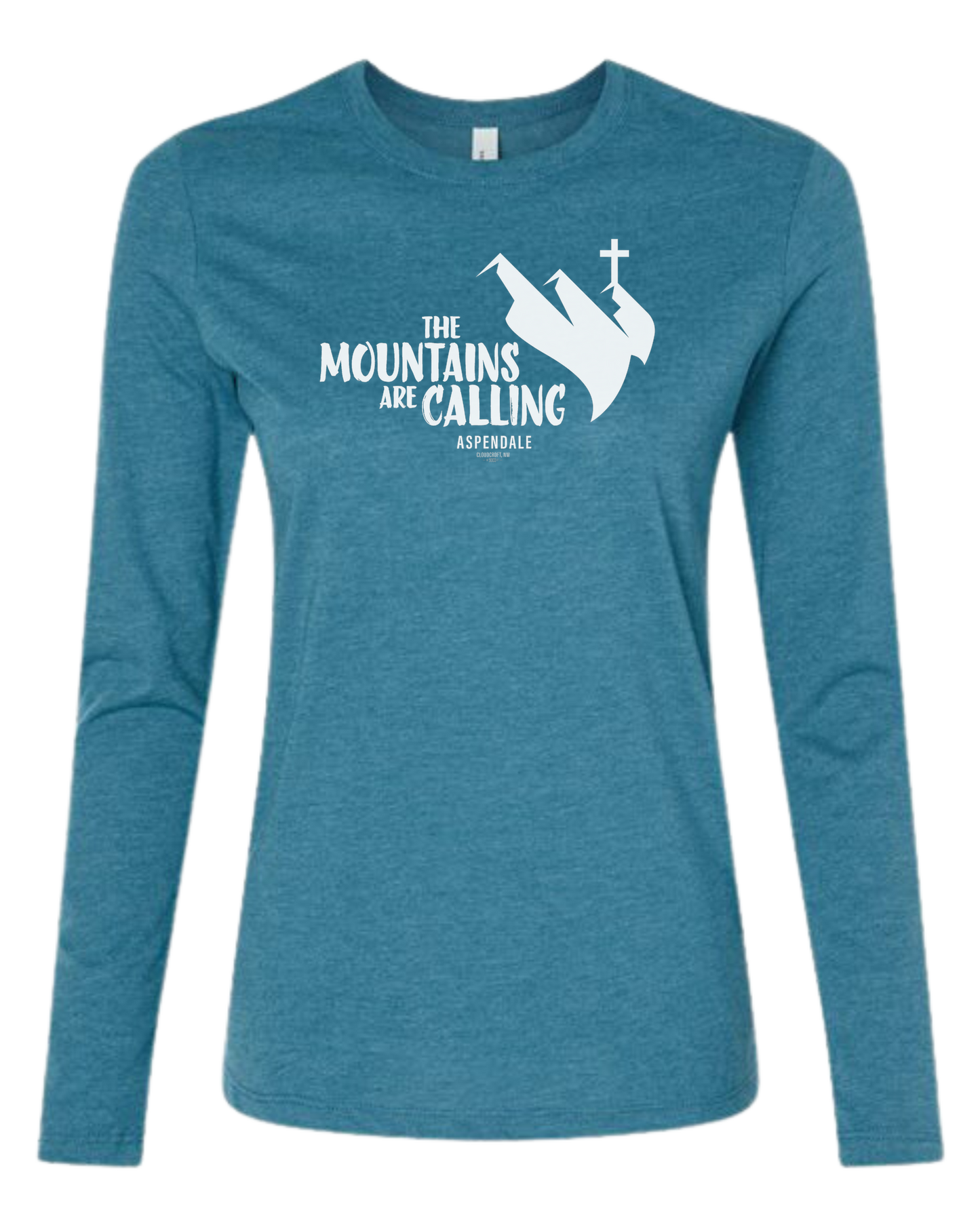 Aspendale "Mountains are Calling" graphic (white) Women's fit crewneck long sleeve fit Heather Teal