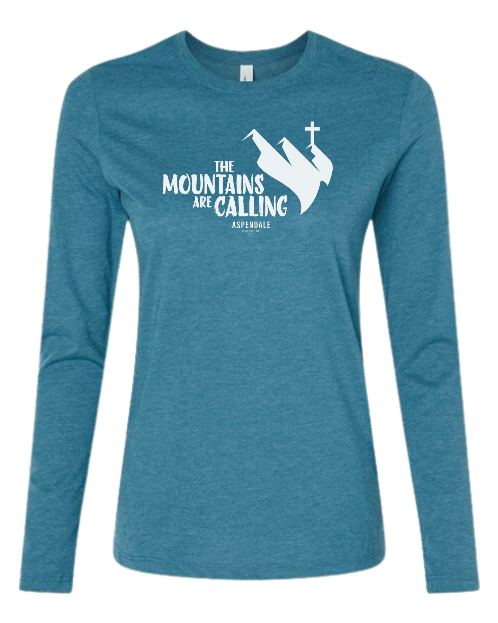 Aspendale "Mountains are Calling" graphic (white) Women's fit crewneck long sleeve fit Heather Teal