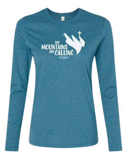 Aspendale "Mountains are Calling" graphic (white) Women's fit crewneck long sleeve fit Heather Teal