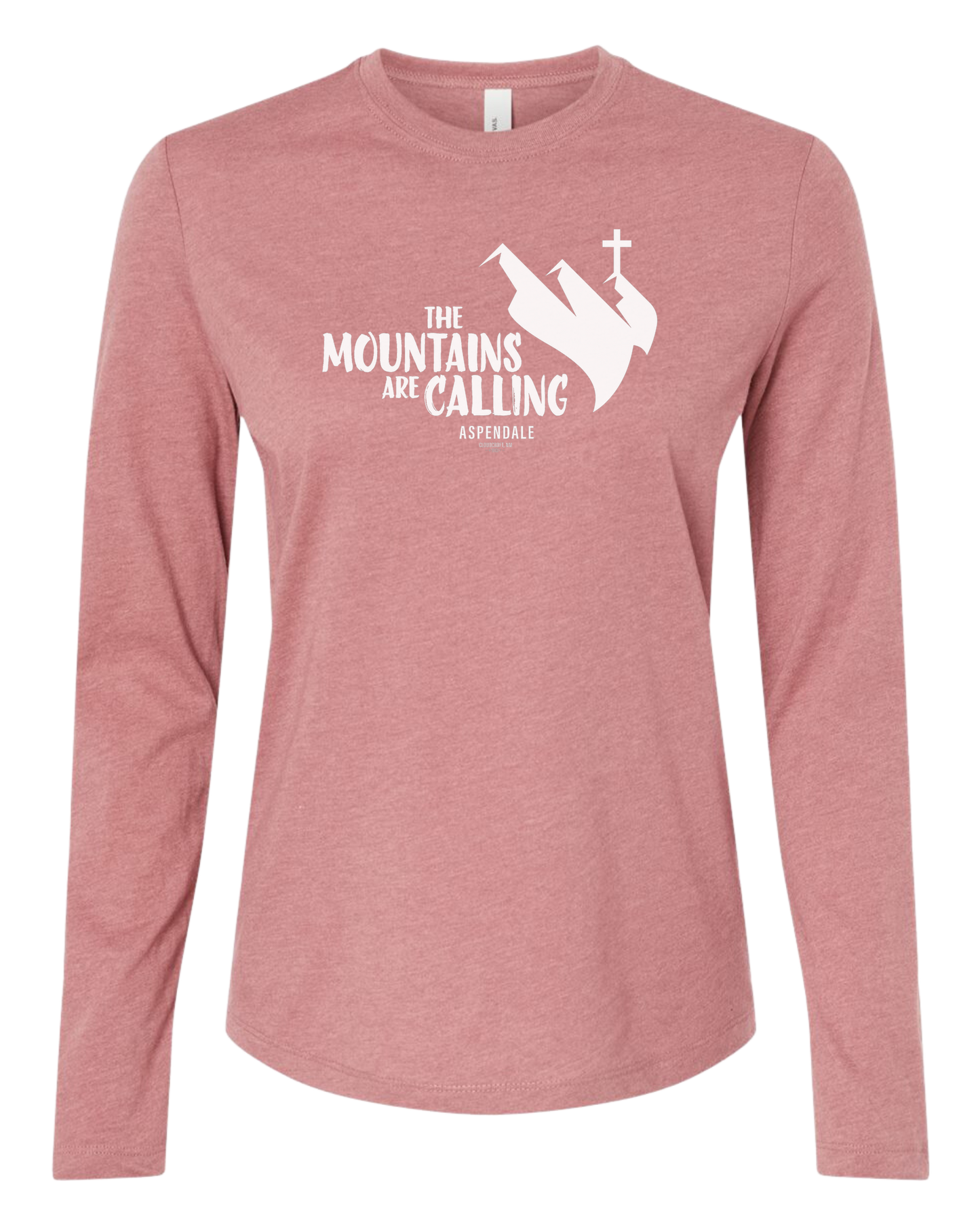 Aspendale "Mountains are Calling" graphic (white) Women's fit crewneck long sleeve fit Mauve Pink
