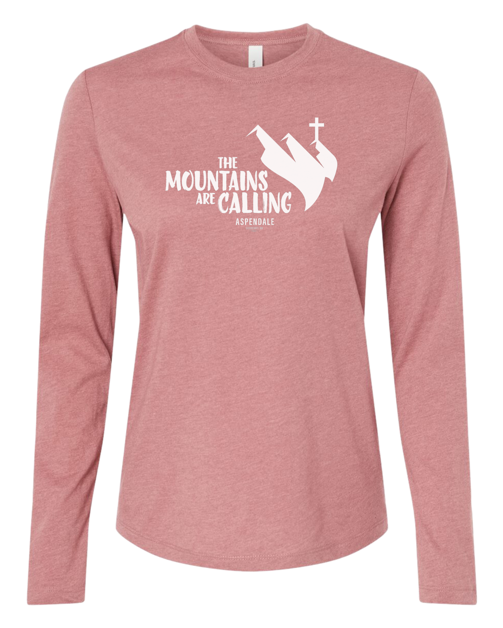 Aspendale "Mountains are Calling" graphic (white) Women's fit crewneck long sleeve fit Mauve Pink