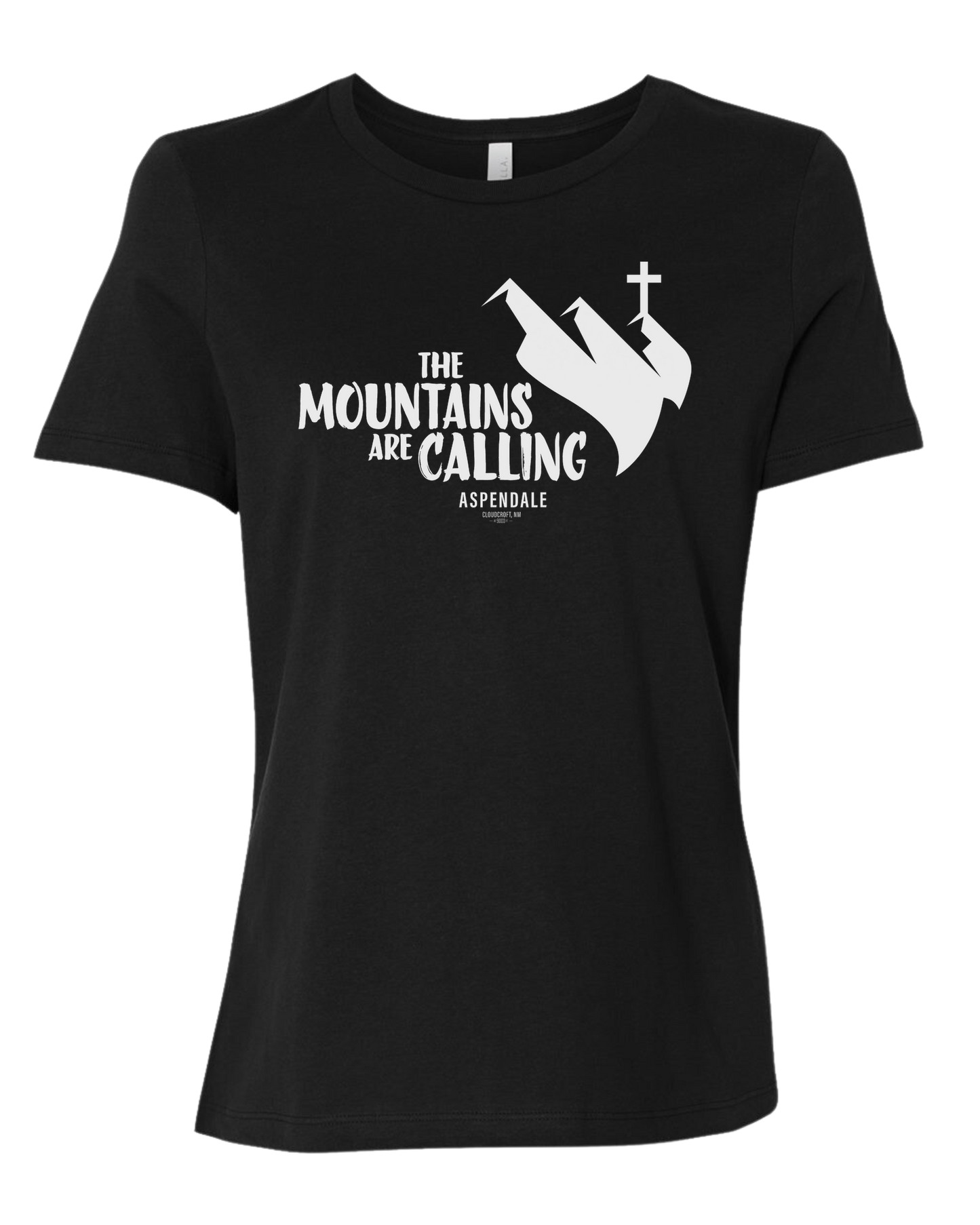 Aspendale "Mountains are Calling" graphic (white) Women's fit premium crewneck tee Black