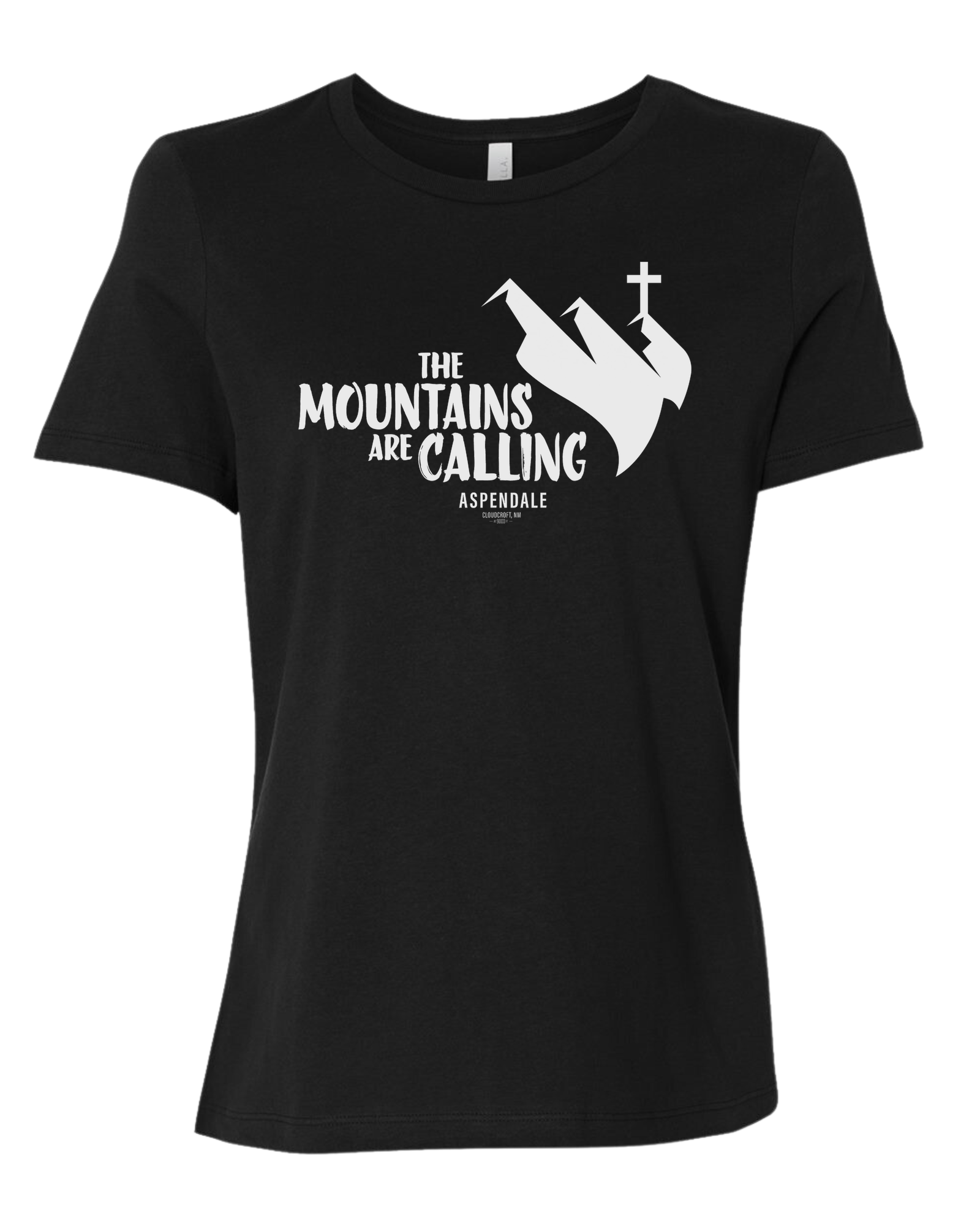 Aspendale "Mountains are Calling" graphic (white) Women's fit premium crewneck tee Black