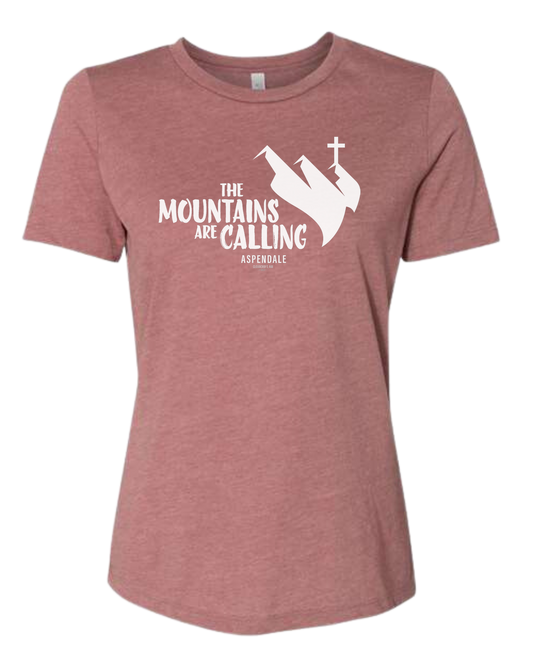 Aspendale "Mountains are Calling" graphic (white) Women's fit premium crewneck tee Mauve Pink