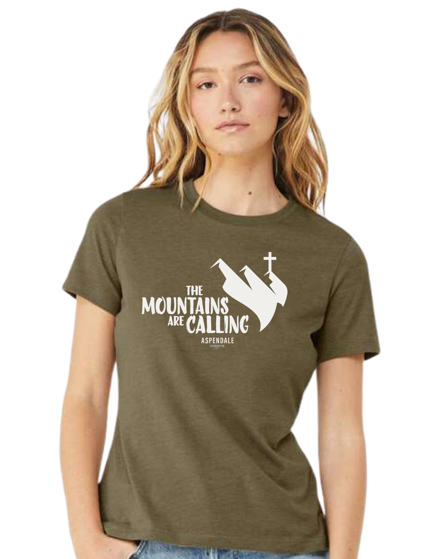 Aspendale "Mountains are Calling" graphic (white) Women's fit premium crewneck tee Olive