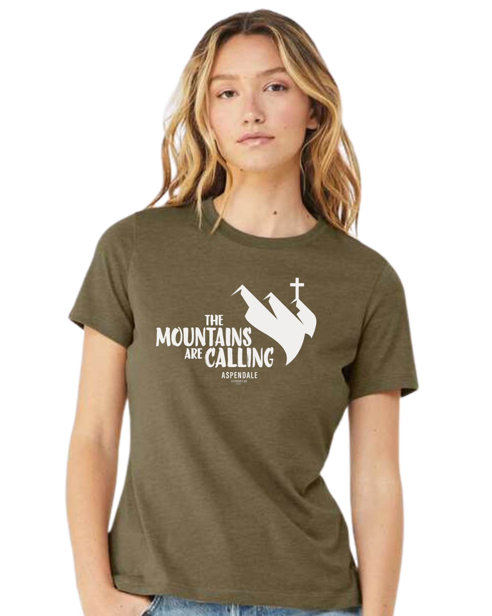 Aspendale "Mountains are Calling" graphic (white) Women's fit premium crewneck tee Olive
