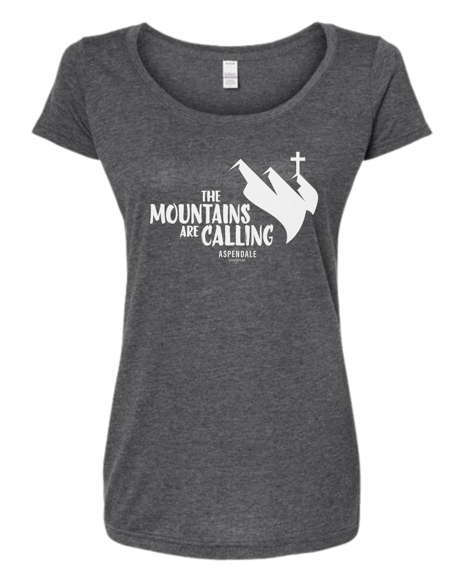 Aspendale "Mountains are Calling" graphic (white) Women's fit scoop neck tee Heather Grey