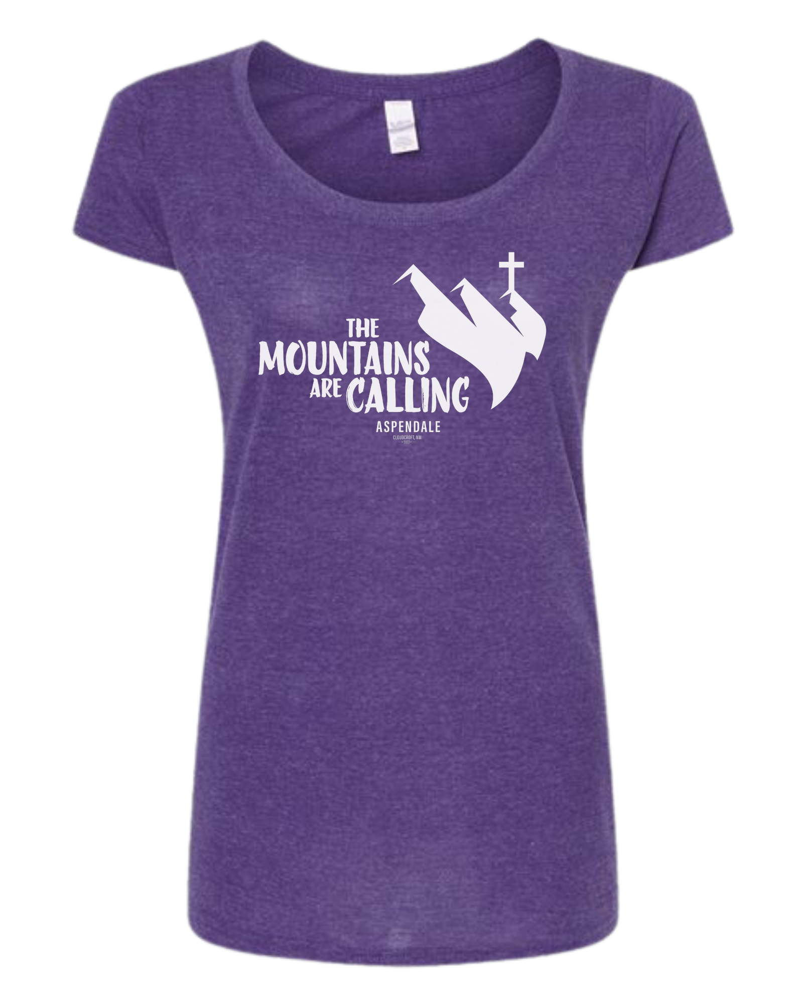 Aspendale "Mountains are Calling" graphic (white) Women's fit scoop neck tee Heather Purple