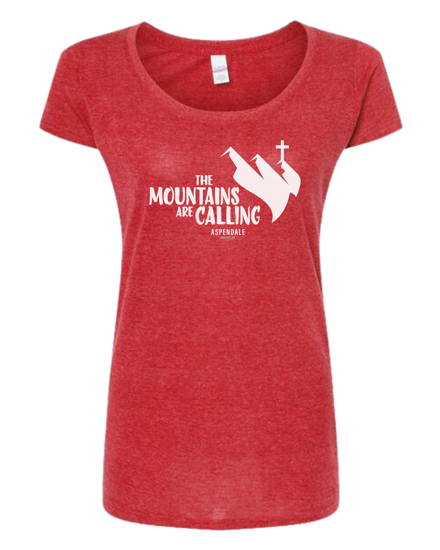 Aspendale "Mountains are Calling" graphic (white) Women's fit scoop neck tee Heather Red