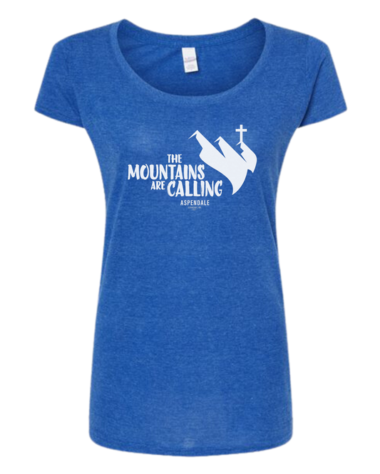 Aspendale "Mountains are Calling" graphic (white) Women's fit scoop neck tee Royal Blue