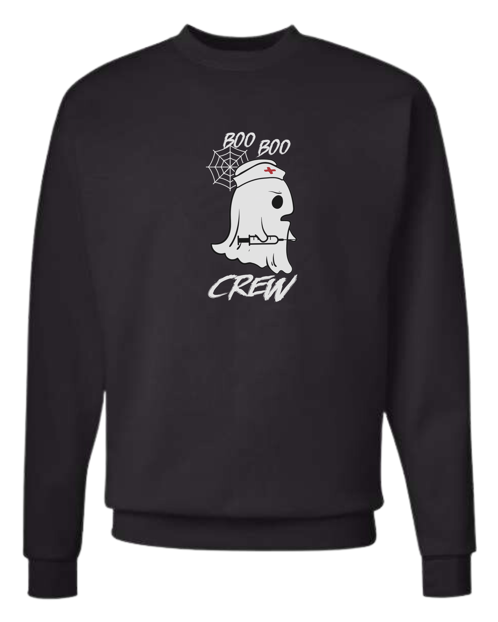 "Boo Boo Crew" ghost nurse holding syringe graphic tee Classic unisex crewneck sweatshirt Black