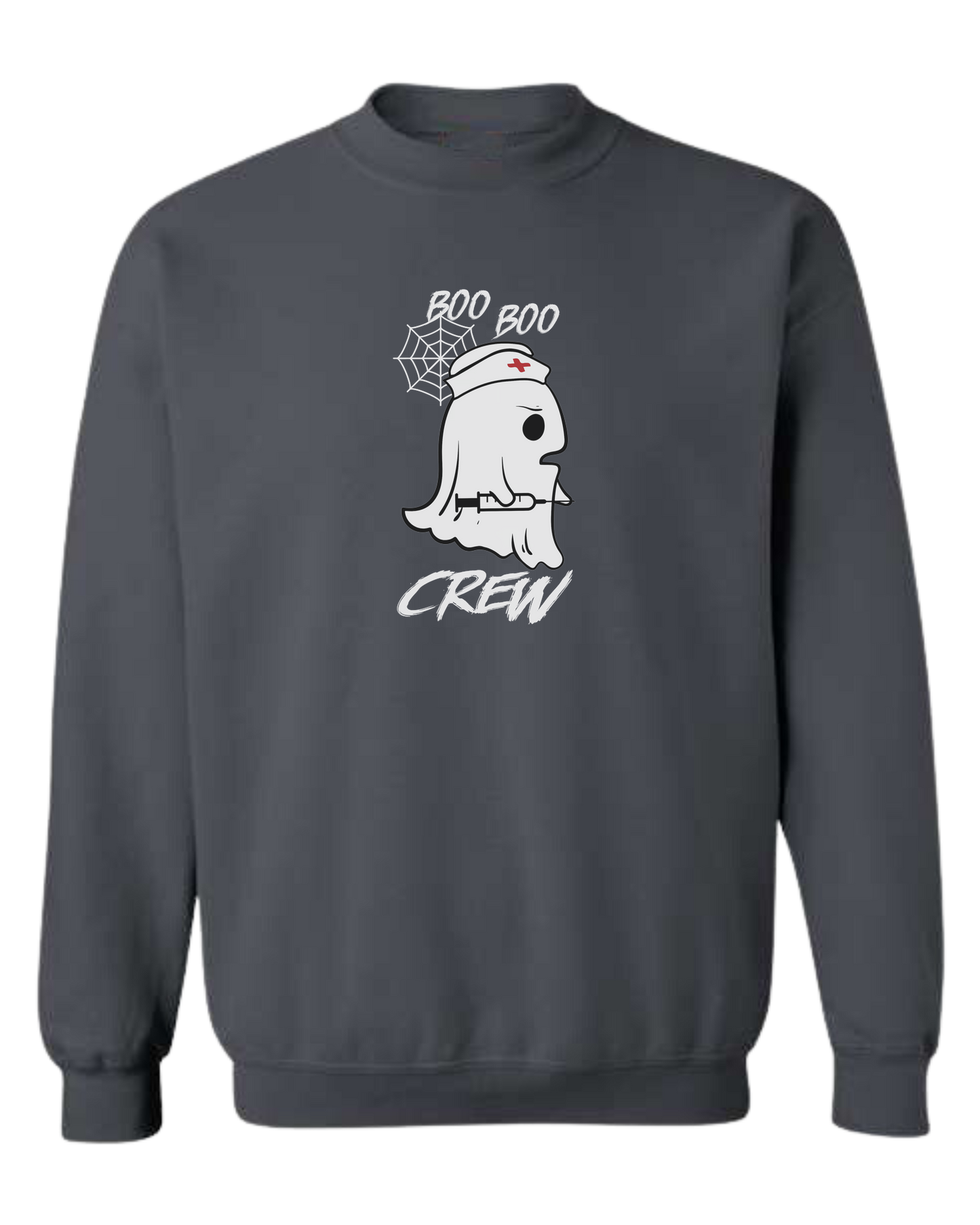 "Boo Boo Crew" ghost nurse holding syringe graphic tee Classic unisex crewneck sweatshirt Dark Grey