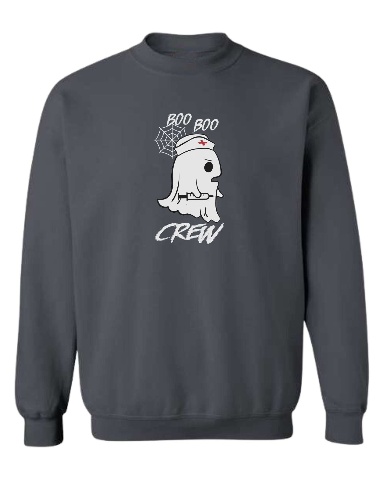 "Boo Boo Crew" ghost nurse holding syringe graphic tee Classic unisex crewneck sweatshirt Dark Grey