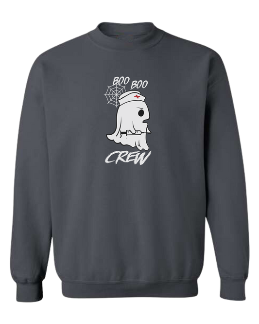 "Boo Boo Crew" ghost nurse holding syringe graphic tee Classic unisex crewneck sweatshirt Dark Grey