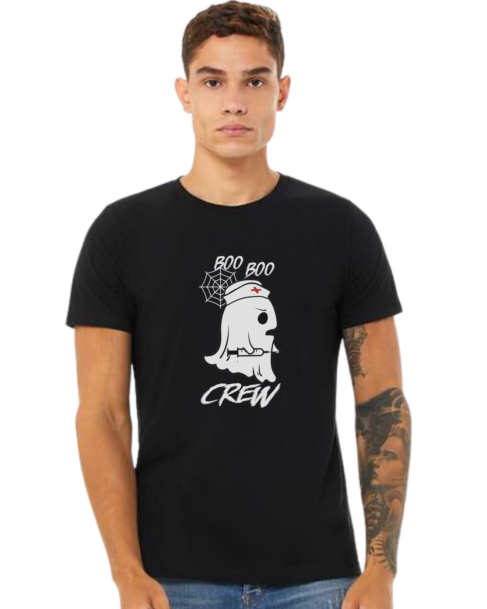 "Boo Boo Crew" ghost nurse holding syringe graphic tee Premium unisex crewneck tee Black