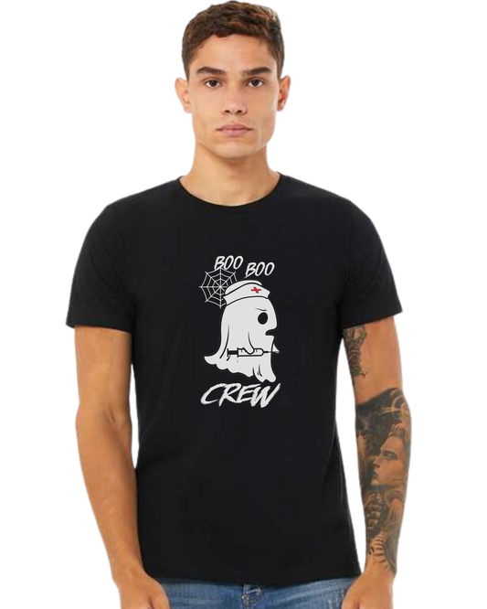 "Boo Boo Crew" ghost nurse holding syringe graphic tee Premium unisex crewneck tee Black