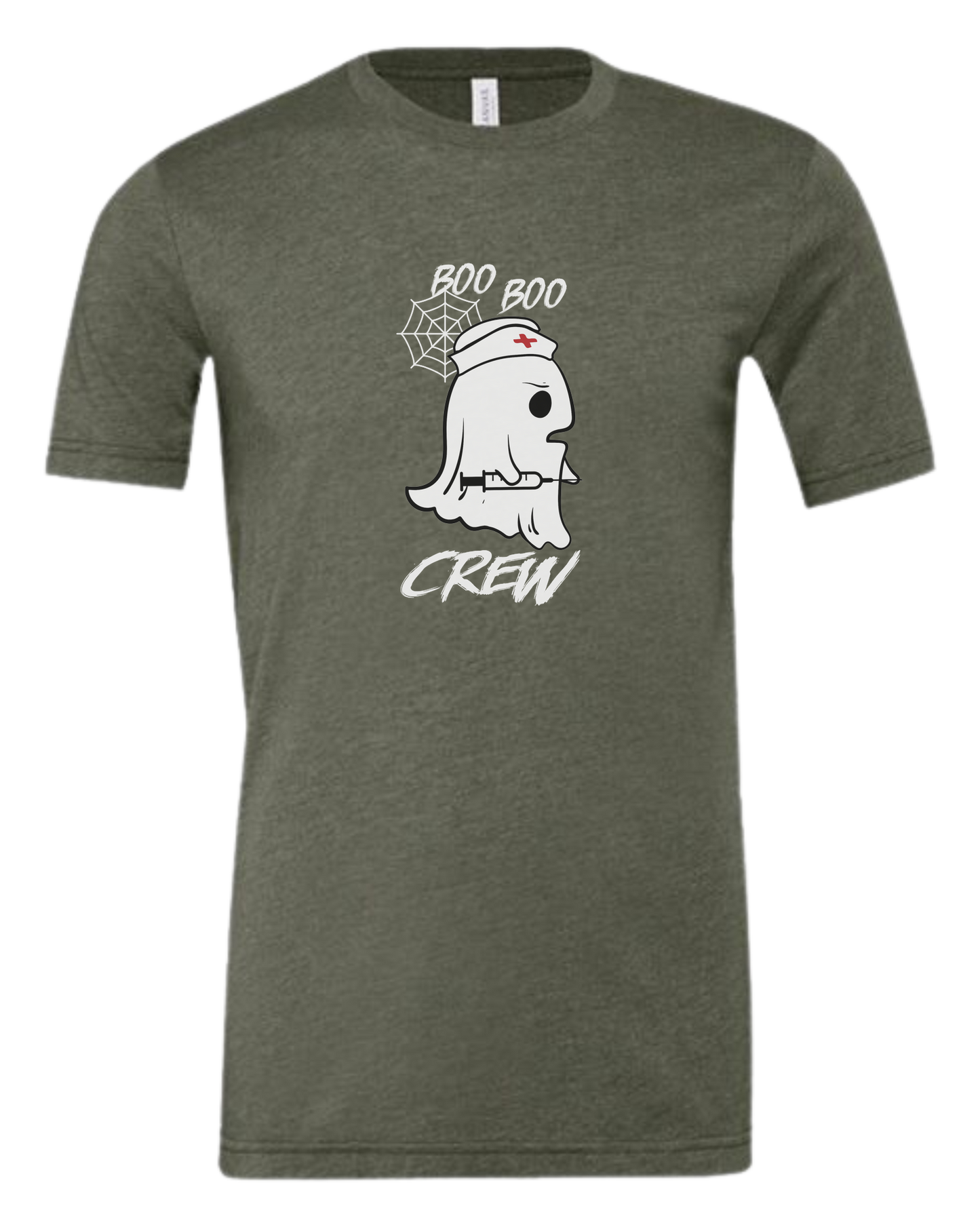 "Boo Boo Crew" ghost nurse holding syringe graphic tee Premium unisex crewneck tee Military Green