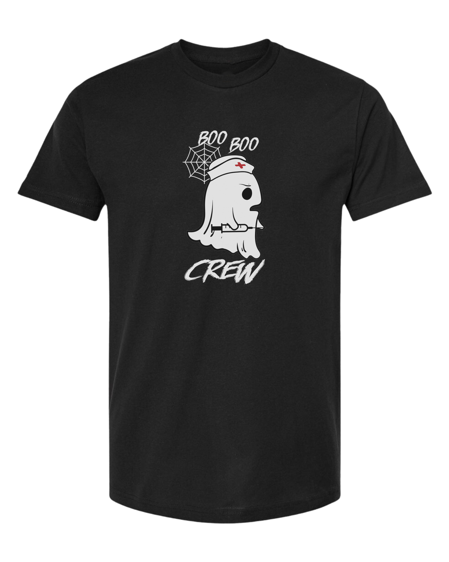 "Boo Boo Crew" ghost nurse holding syringe graphic tee Unisex crew-neck  graphic tee Black
