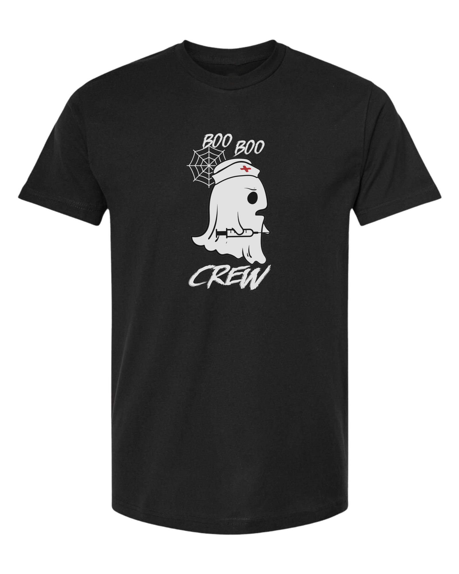 "Boo Boo Crew" ghost nurse holding syringe graphic tee Unisex crew-neck  graphic tee Black
