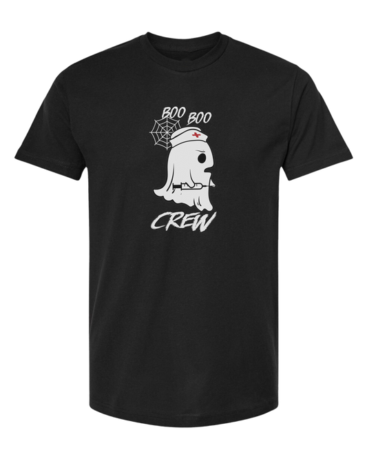 "Boo Boo Crew" ghost nurse holding syringe graphic tee Unisex crew-neck  graphic tee Black