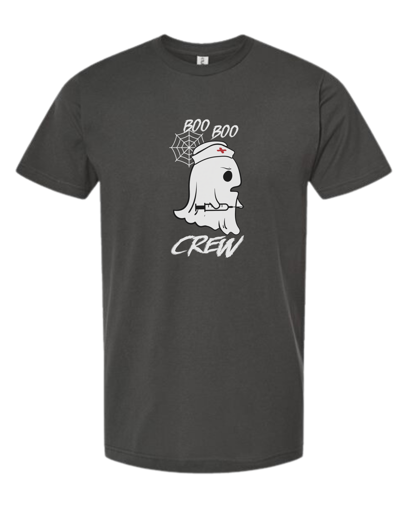 "Boo Boo Crew" ghost nurse holding syringe graphic tee Unisex crew-neck  graphic tee Charcoal Grey