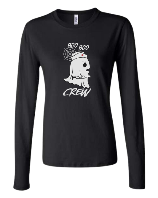 "Boo Boo Crew" ghost nurse holding syringe graphic tee Women's fit crewneck long sleeve fit Black