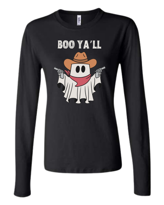 "Boo Ya'll" Cowboy ghost tee Women's fit crewneck long sleeve fit Black