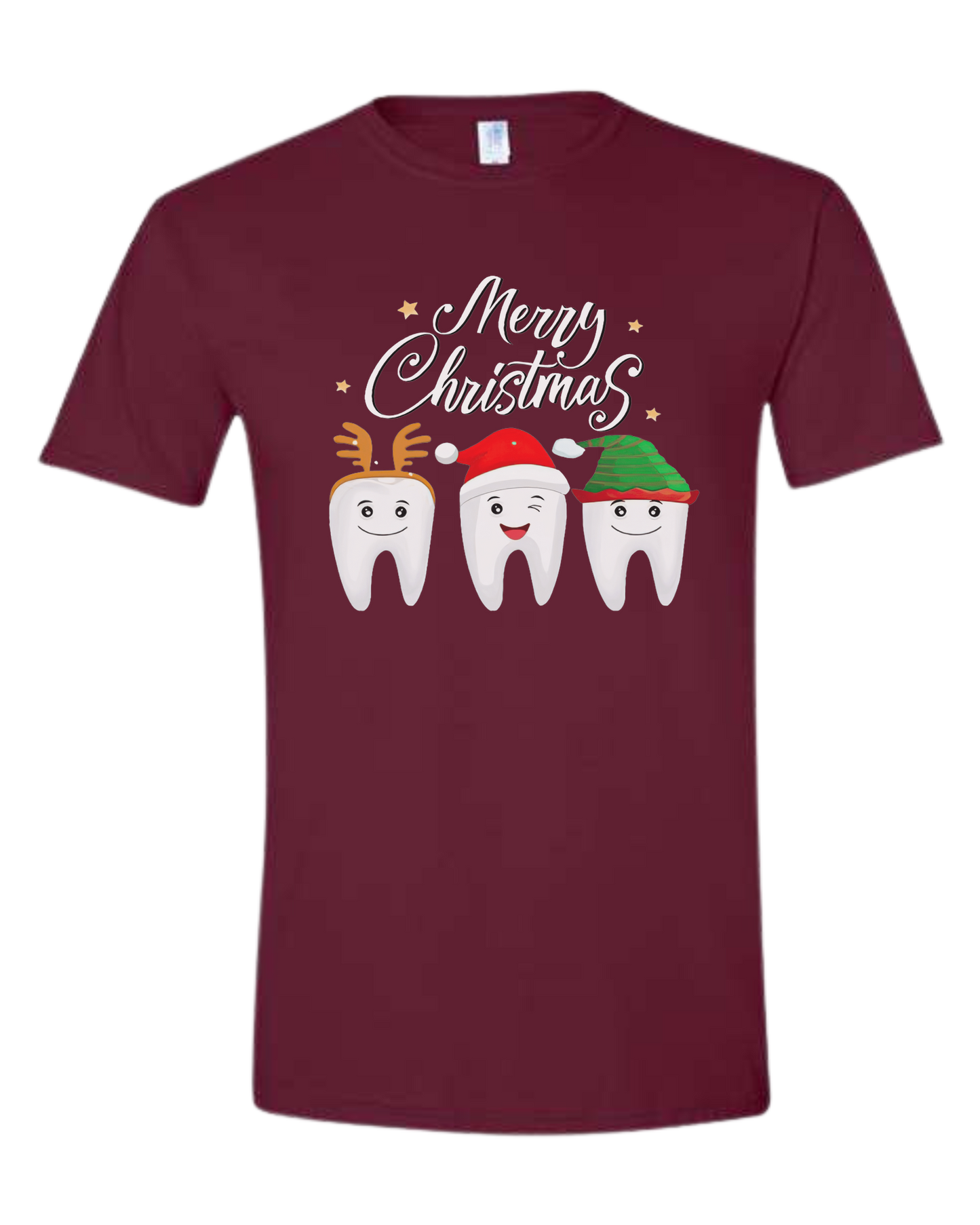 Christmas tooth characters "Merry Christmas" design Unisex crew-neck  graphic tee Maroon