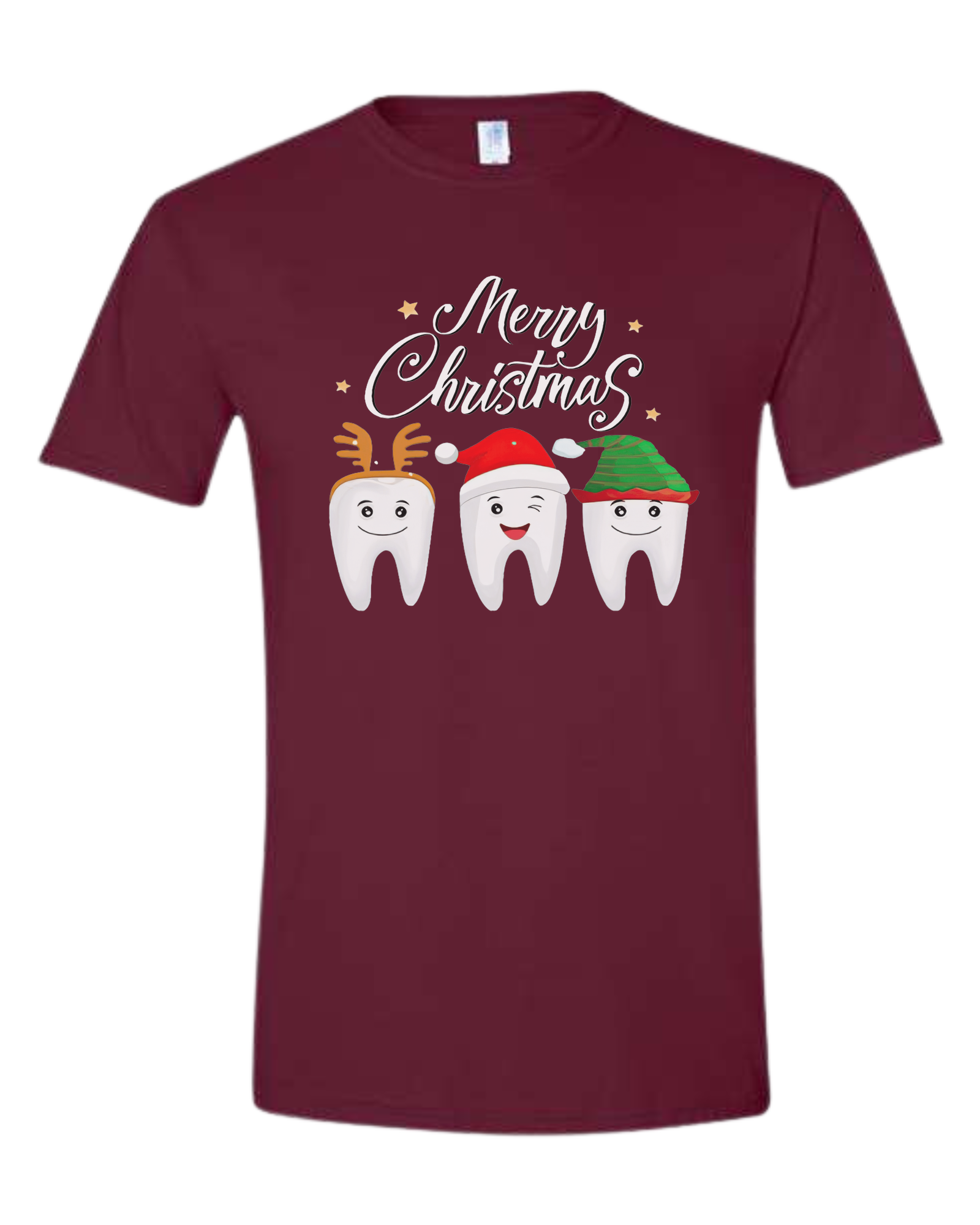 Christmas tooth characters "Merry Christmas" design Unisex crew-neck  graphic tee Maroon