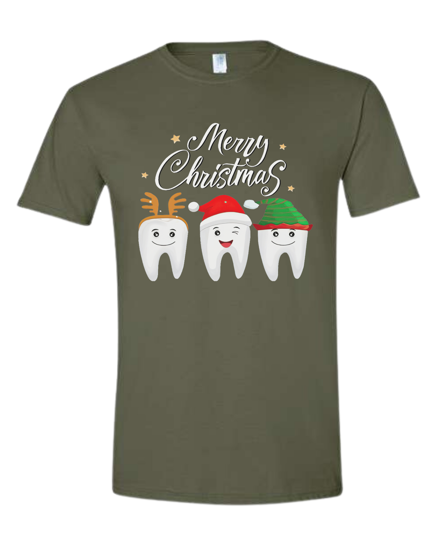 Christmas tooth characters "Merry Christmas" design Unisex crew-neck  graphic tee Military Green