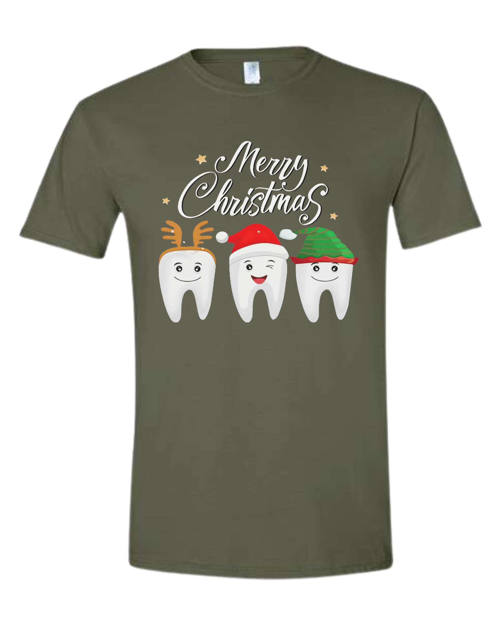 Christmas tooth characters "Merry Christmas" design Unisex crew-neck  graphic tee Military Green