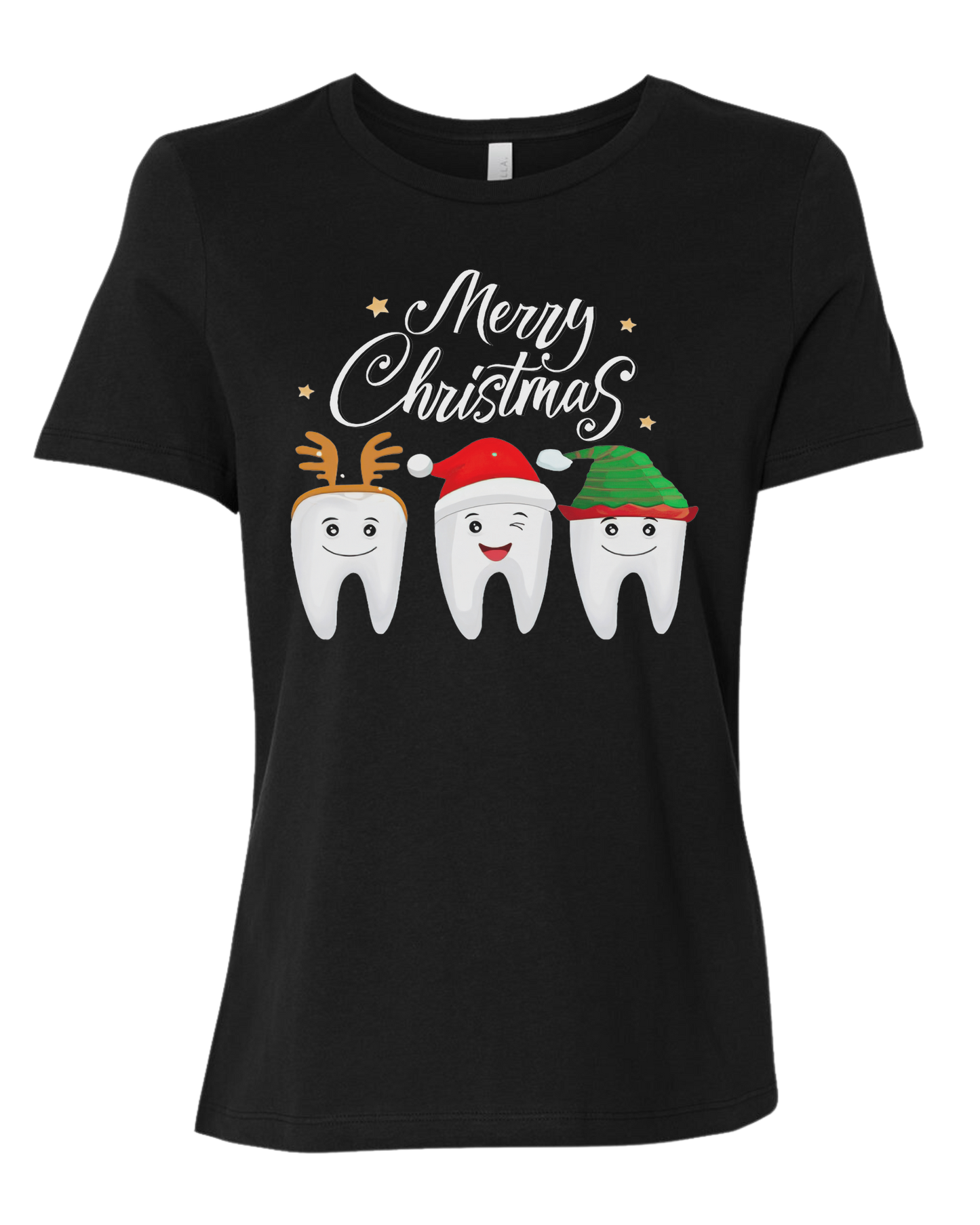 Christmas tooth characters "Merry Christmas" design Women's fit premium crewneck tee Black