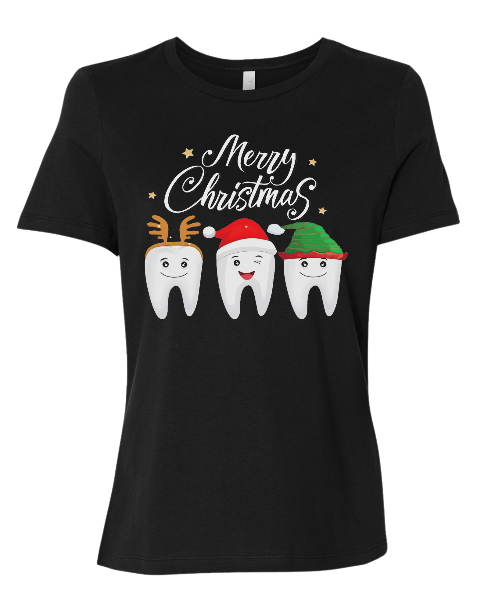 Christmas tooth characters "Merry Christmas" design Women's fit premium crewneck tee Black