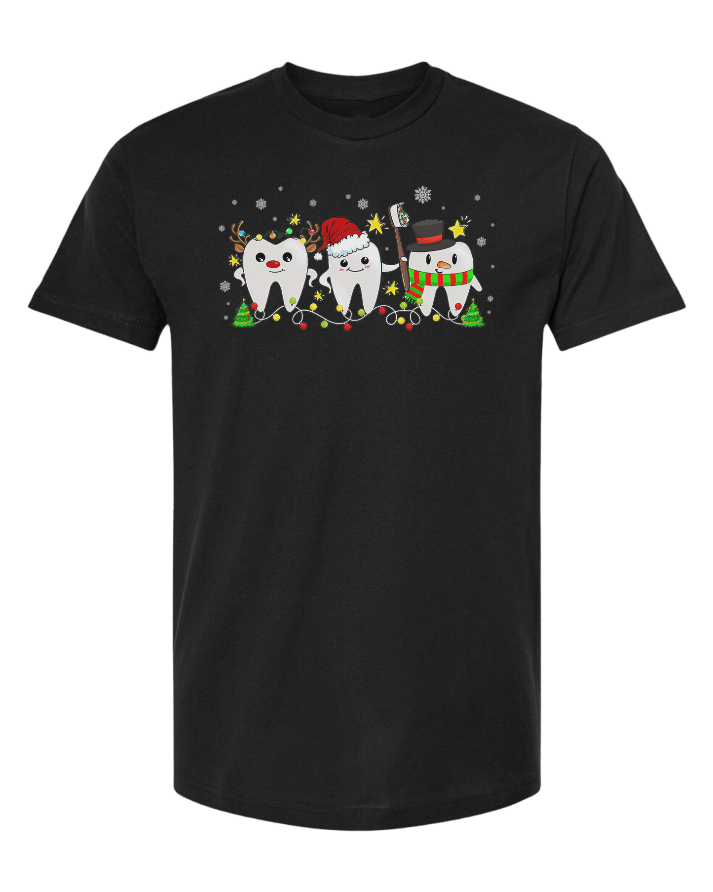 Christmas tooth characters surrounded by snow and lights design Unisex crew-neck  graphic tee Black